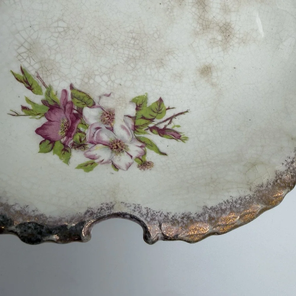 VTG Serving Bowl Floral Roses Transferware‎ *Heavily Stained & Crazed* Decor